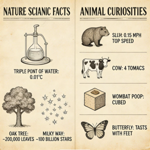 Retro newspaper illustration of surprising animal and nature facts that are actually true, vintage science art